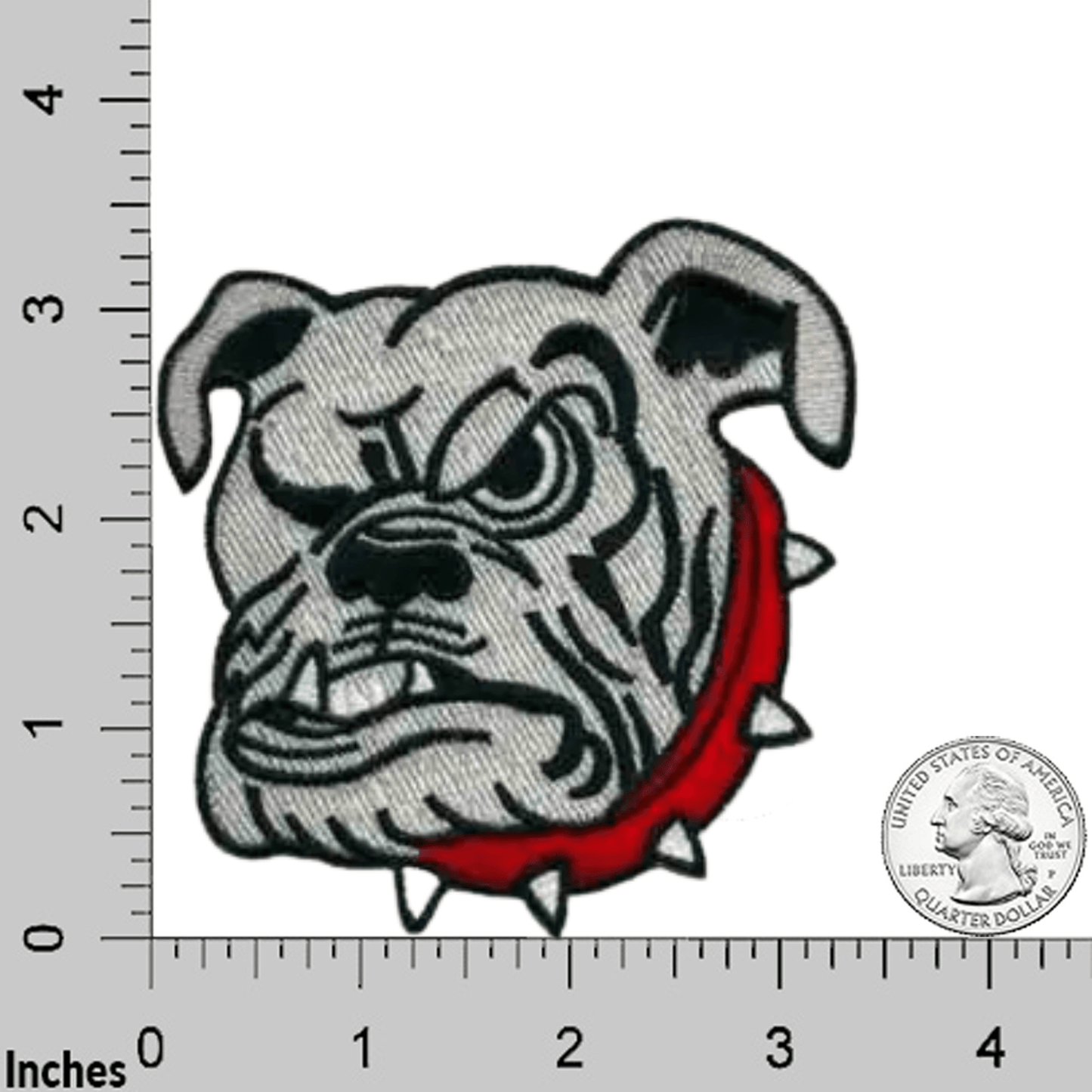 Laughing Lizards English Bulldog Face (2-Pack) Iron on Patch – Small features an embroidered bulldog with a spiked red collar. Shown beside a ruler and U.S. quarter for scale. Perfect for animal patch collectors.