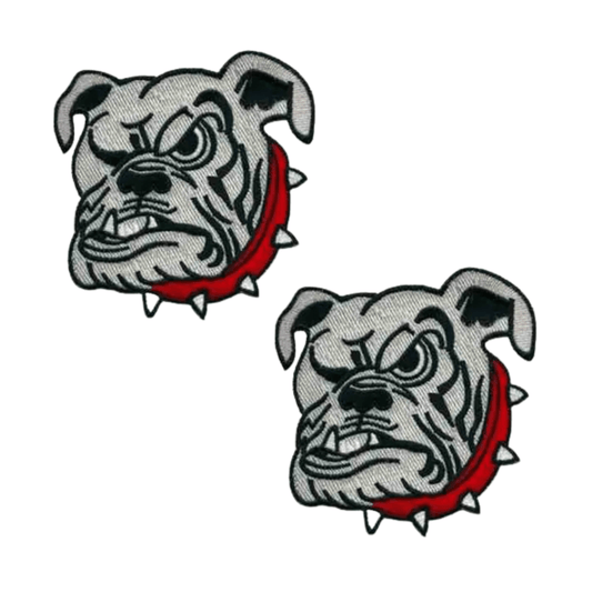 Laughing Lizards' English Bulldog Face (2-Pack) Iron on Patch - Small features two identical embroidered bulldog heads with spiked red collars, ideal for customizing jackets, bags, or more.