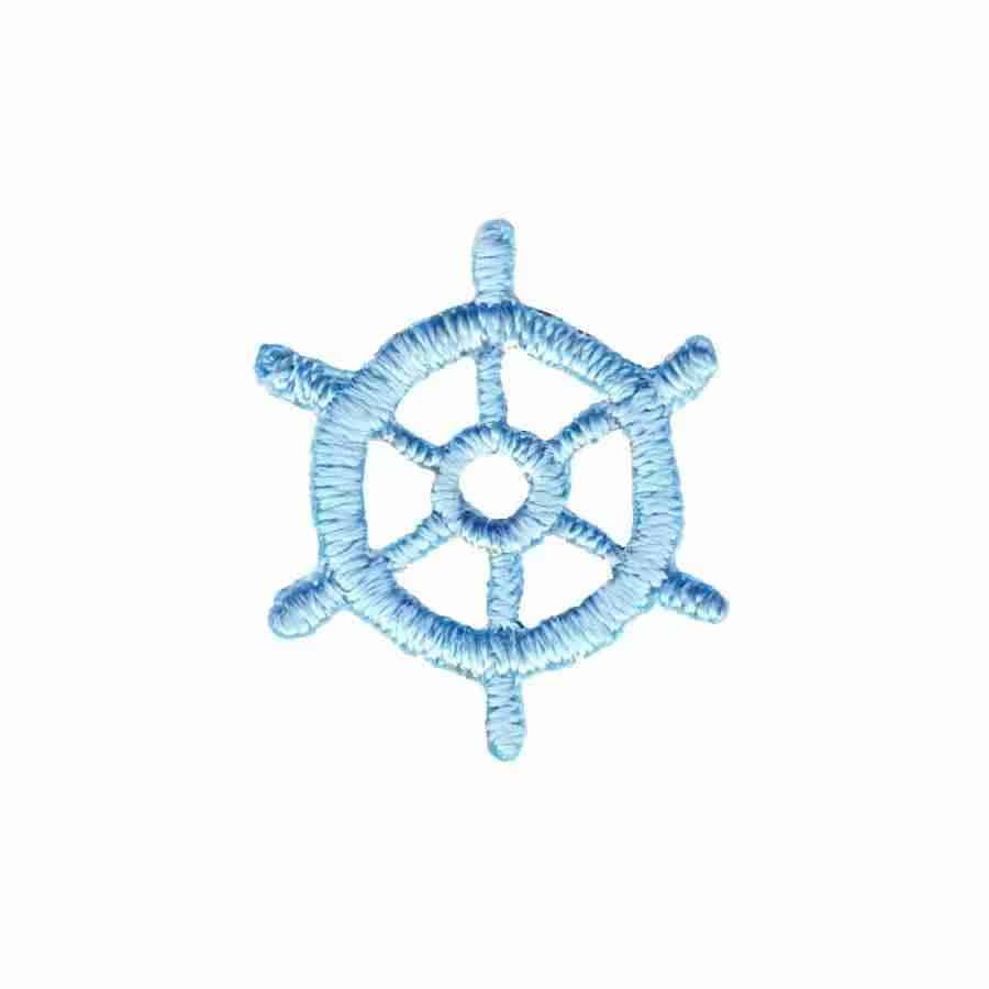 The Laughing Lizards Tiny Nautical Wheel (5-Pack) Iron on Patch features a light blue embroidered ship wheel with six spokes on white, ideal for any marine-themed project.