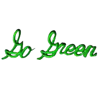 The Laughing Lizards Go Green Environmental Ecology Iron On Patch (3-Pack) features green script on white with leafy vine lettering—an embroidered patch ideal for eco-friendly flair on jackets or bags.