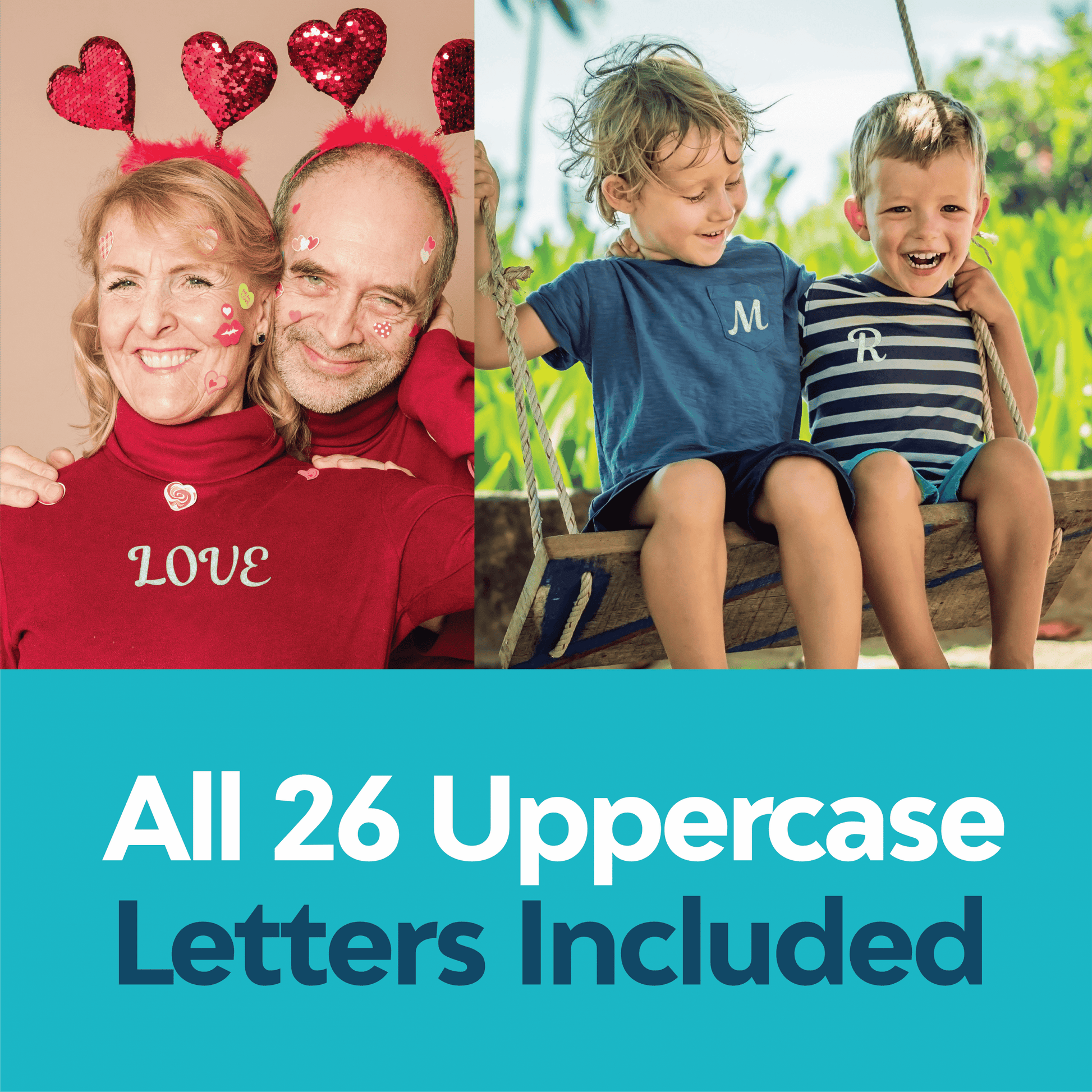 A couple in red "LOVE" outfits and two boys on a swing wear shirts with Laughing Lizards’ Felt Cursive Letter Patch 26 Piece Kit—includes all 26 script iron-on letters with glue backing.
