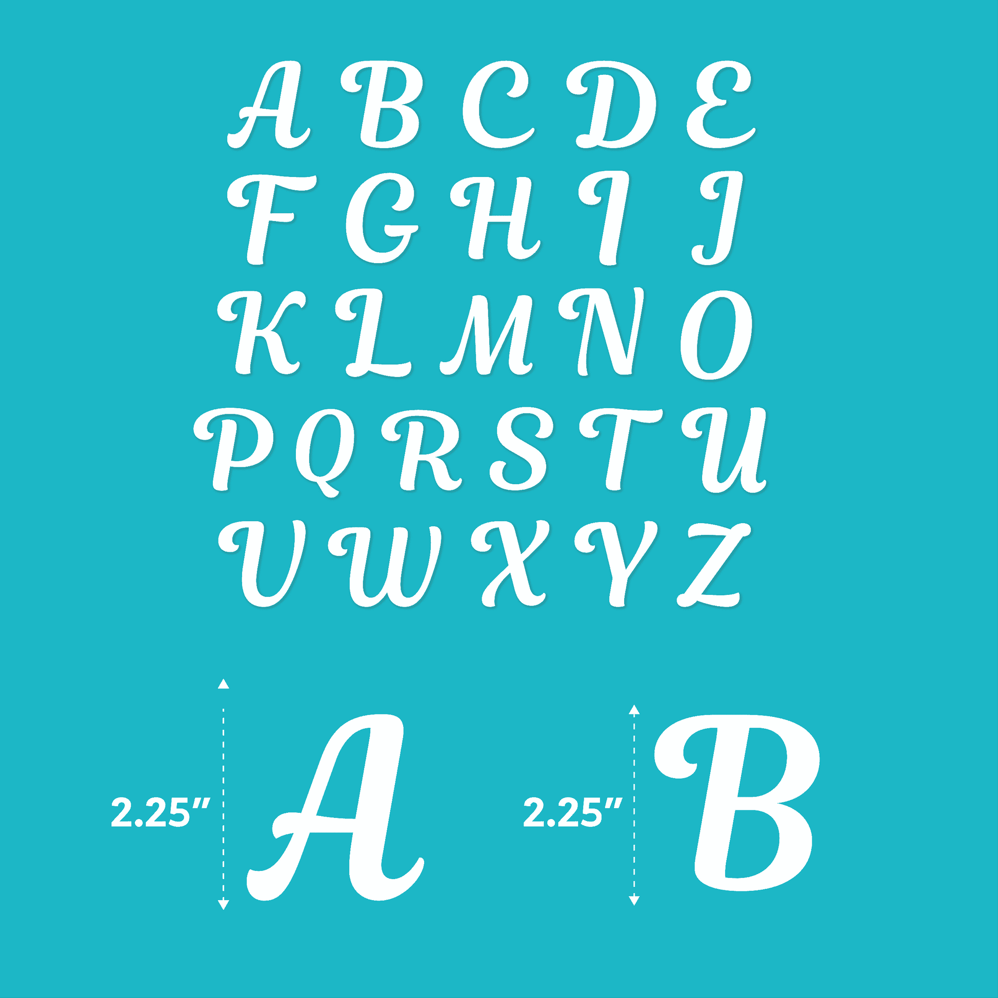 The Laughing Lizards Felt Cursive Letter Patch 26 Piece Kit includes all 26 white script iron-on felt appliques (A–Z, each 2.25" tall) with glue backing on blue—perfect for personalizing clothes.