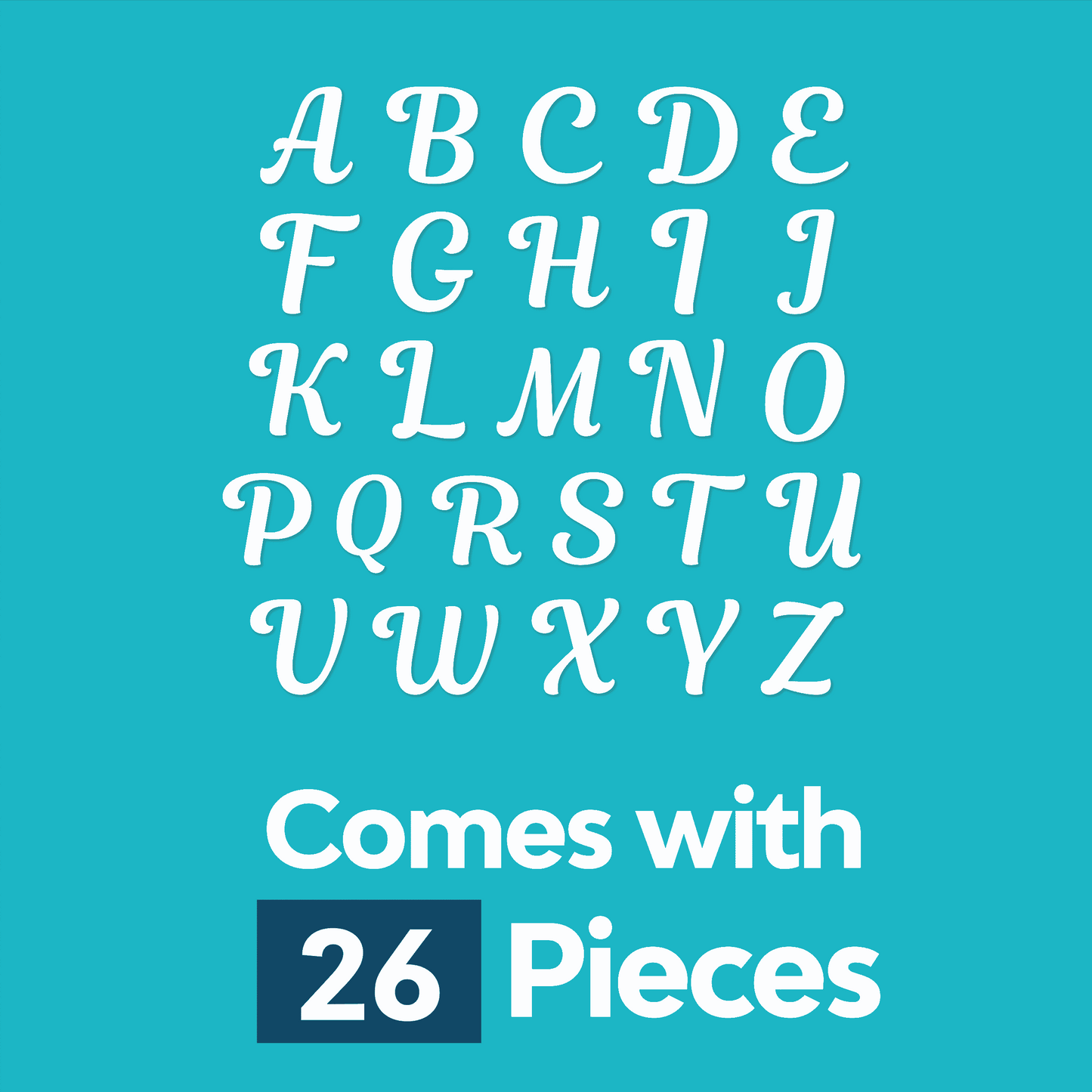 The image shows Laughing Lizards' Felt Cursive Letter Patch 26 Piece Kit—white script iron-on felt appliques, each letter A-Z, with glue backing on teal. Perfect for personalizing clothes with all 26 cursive letters.
