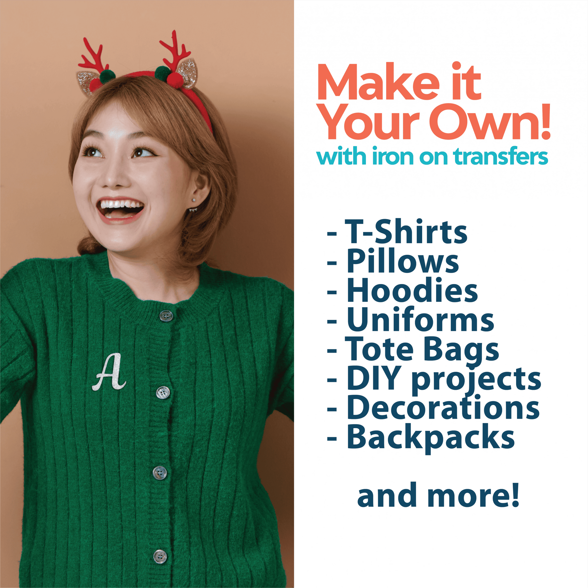A smiling woman in a green sweater and red reindeer headband stands next to text about the Laughing Lizards Felt Cursive Letter Patch 26 Piece Kit—script iron-on felt appliques perfect for personalizing T-shirts, pillows, or backpacks.