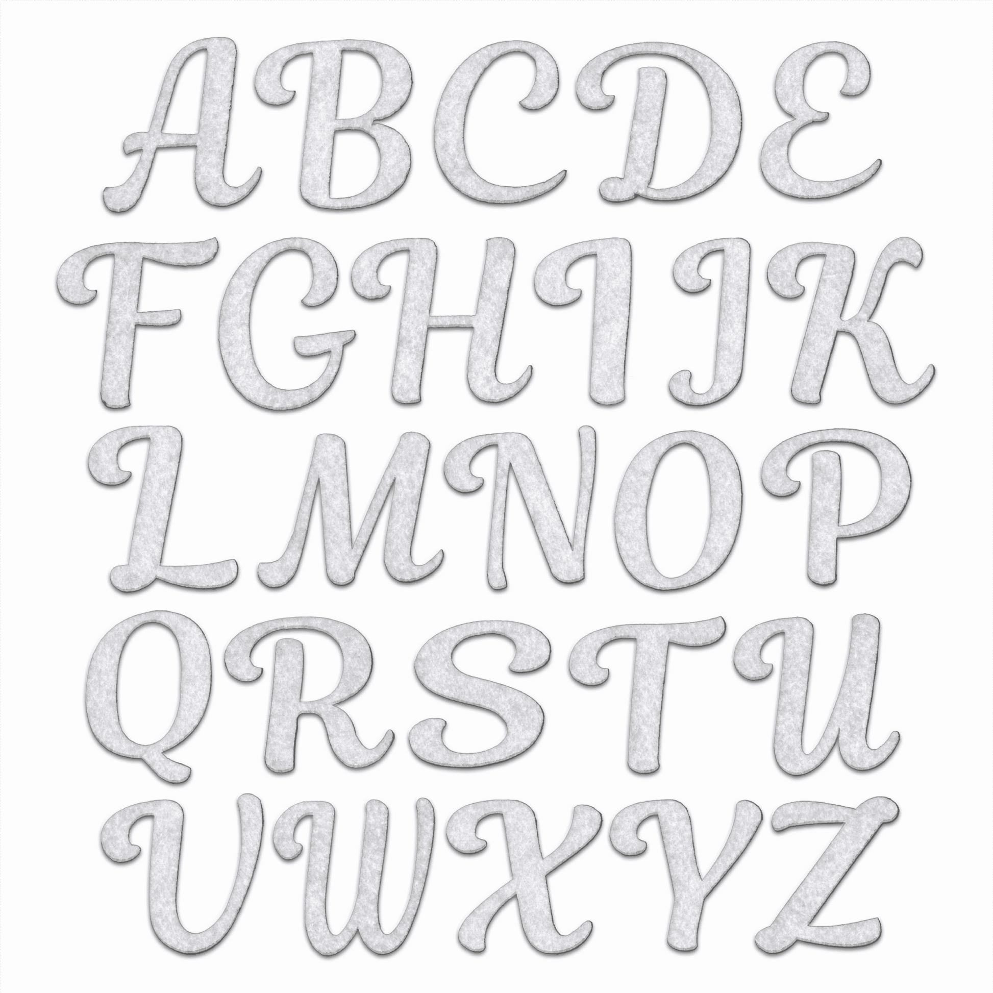 Laughing Lizards Felt Cursive Letter Patch 26 Piece Kit—includes all A-Z script iron-on felt appliques with glue backing. Decorative cursive style, perfect for personalizing clothes, displayed in five rows on a white background.