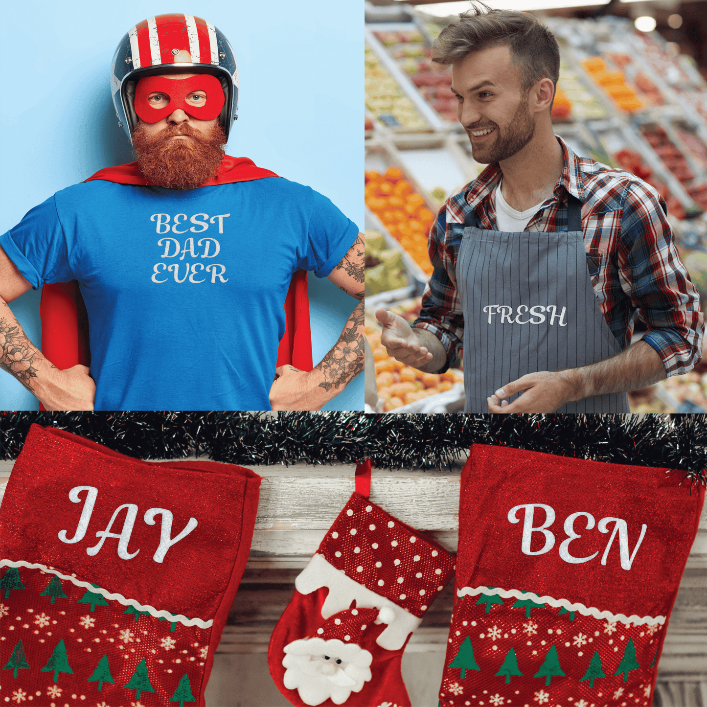 A man in a "Best Dad Ever" shirt, another in a "Fresh" market apron, and two stockings labeled "JAY" and "BEN," all personalized with Laughing Lizards Felt Cursive Letter Patch Kit featuring iron-on script letters.