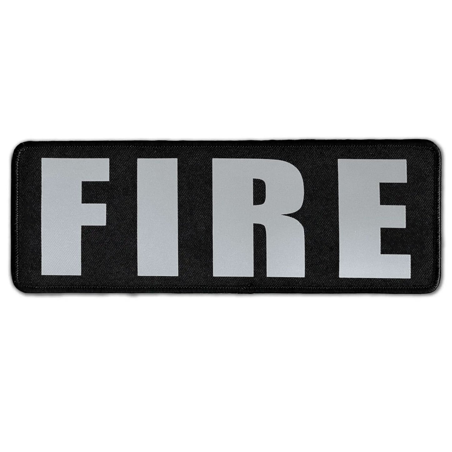 The Laughing Lizards Fire Patch is an ultra-reflective black hook and loop patch for tactical vests, featuring bold silver "FIRE" lettering in a durable rectangular design.