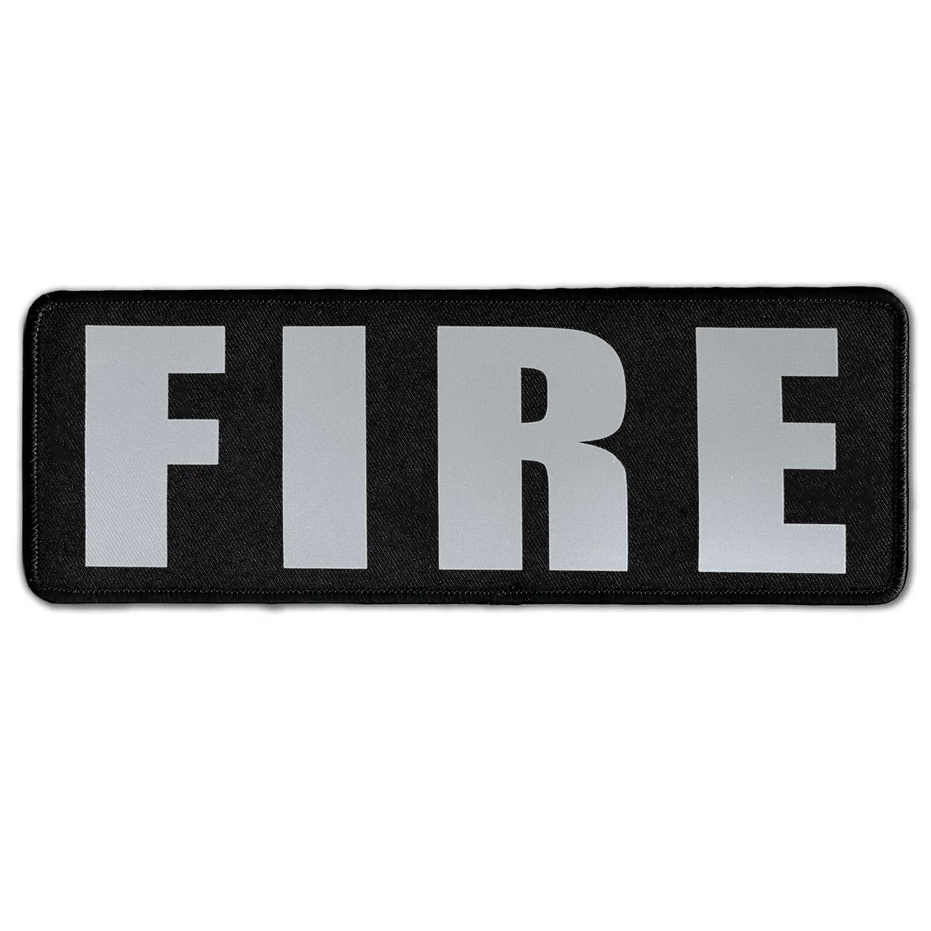 The Laughing Lizards Fire Patch is an ultra-reflective black hook and loop patch for tactical vests, featuring bold silver "FIRE" lettering in a durable rectangular design.