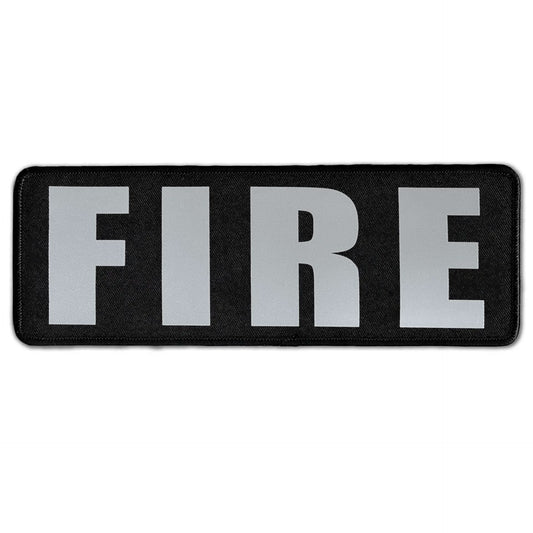The Laughing Lizards Fire Patch is an ultra-reflective black hook and loop patch for tactical vests, featuring bold silver "FIRE" lettering in a durable rectangular design.