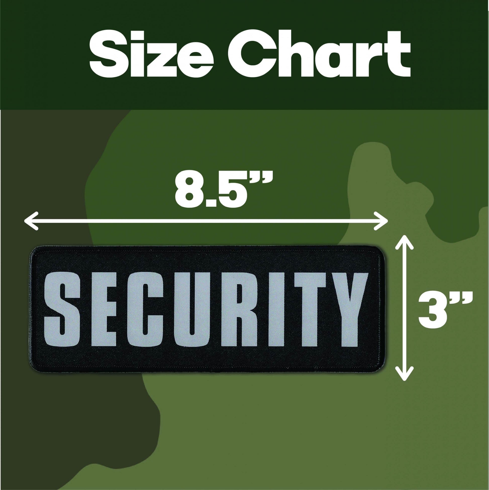 The size chart for a Security Patch - Ultra Reflective Hook and Loop Patch for Tactical Vest on a camouflage background.