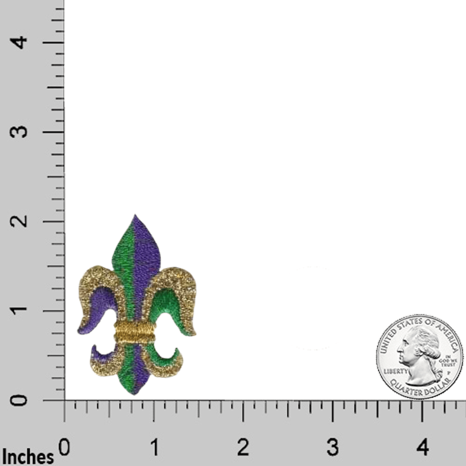 A Laughing Lizards Fleur De Lis Iron on Patch Applique in Black and Gold (3-Pack, 2.5"H) is shown next to a US quarter and a ruler for size reference.