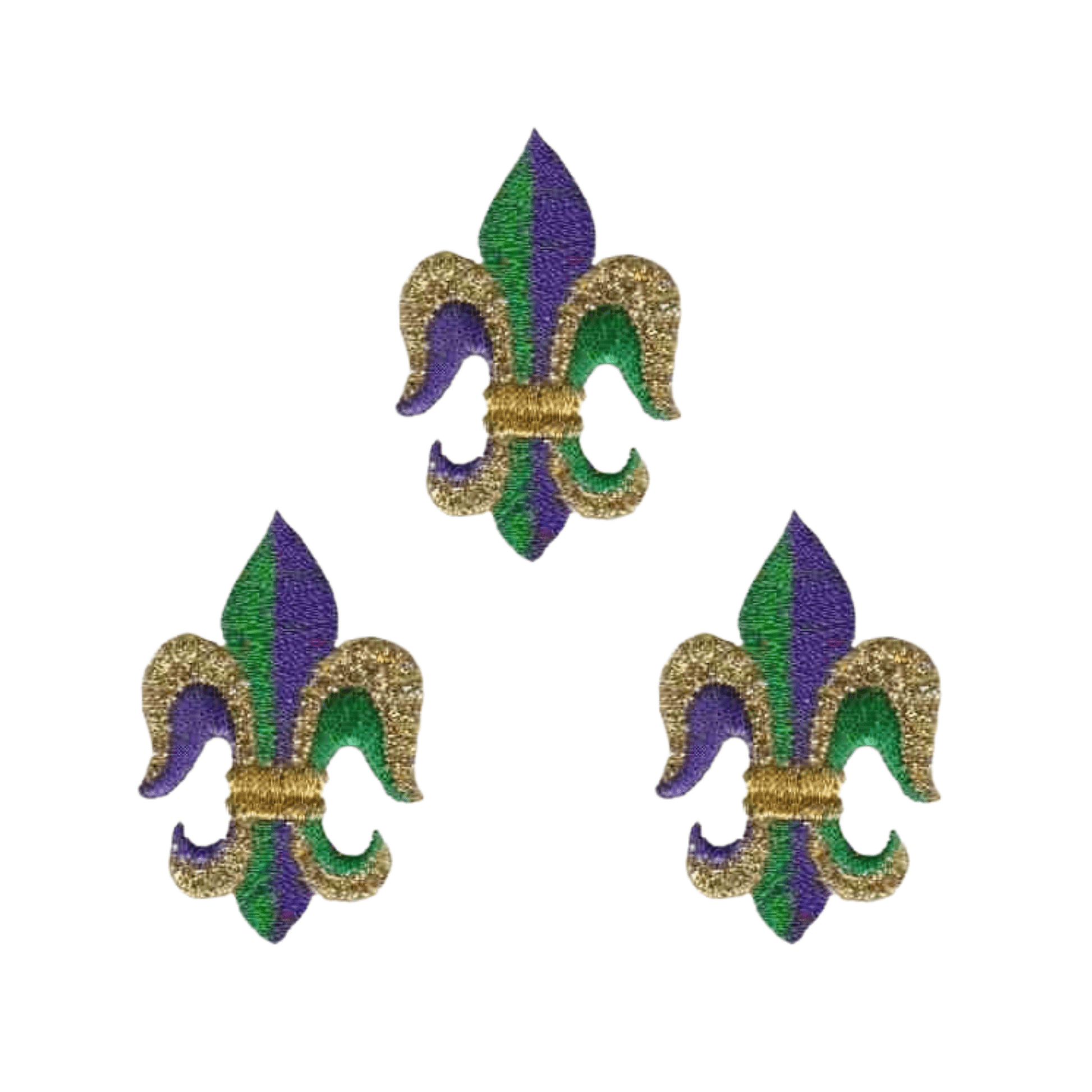 The Laughing Lizards Fleur De Lis Iron on Patch Applique 3-pack features black and gold designs, each 2.5" high—perfect embroidered patches to add festive flair to your projects.