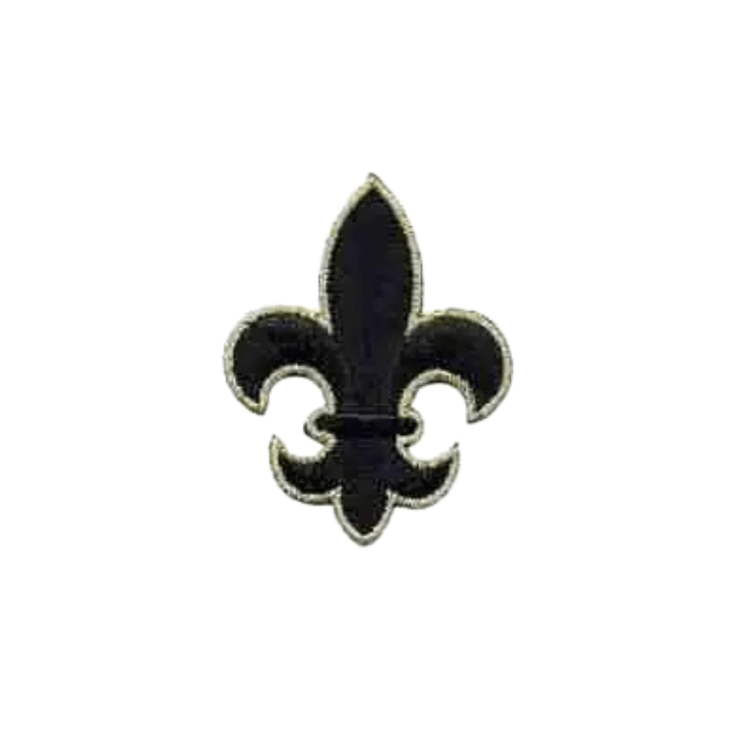 The Laughing Lizards Fleur De Lis Iron on Patch Applique in Black and Gold (3-Pack, 2.5"H) features a black patch with a thin gold outline, displayed here on a crisp white background.