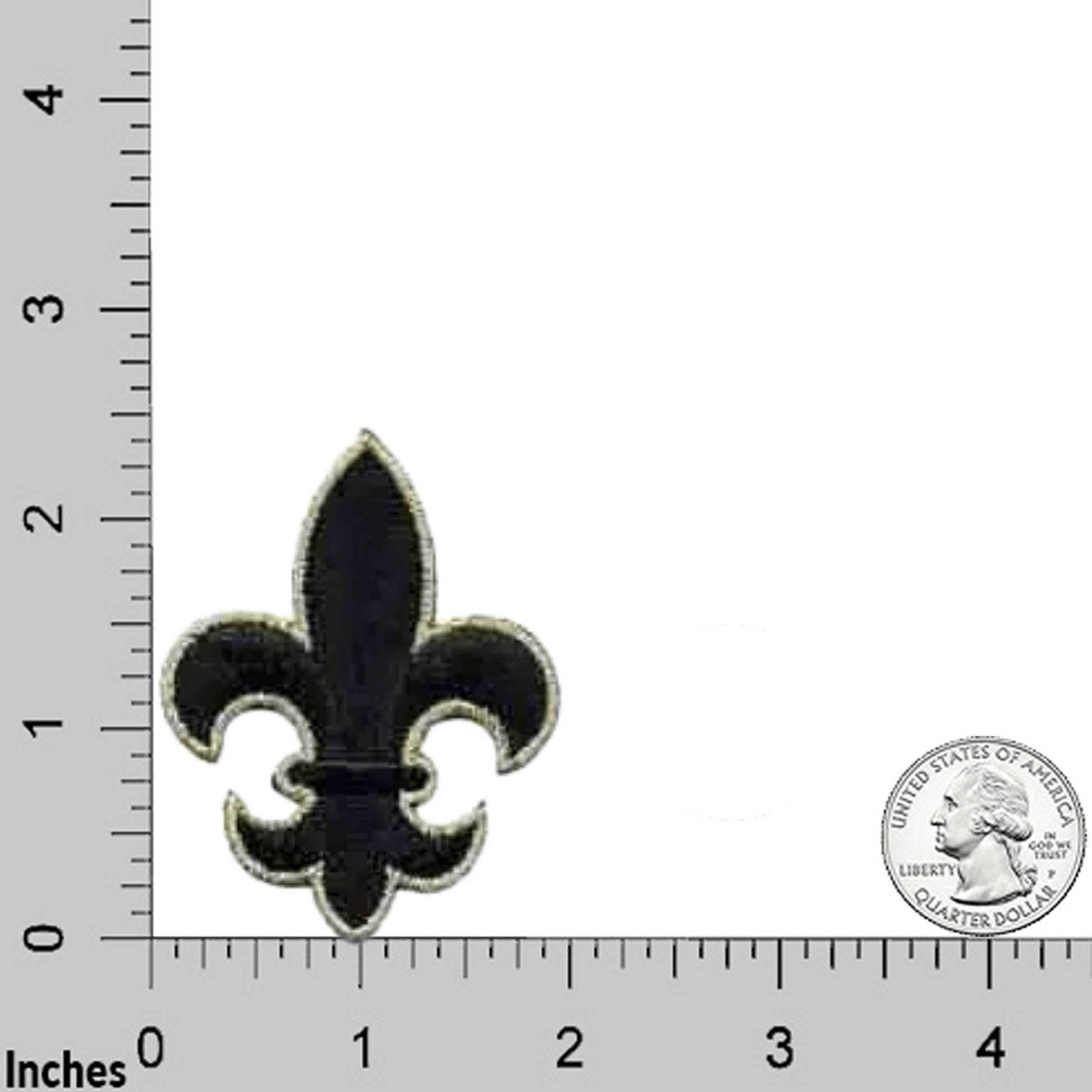 The Laughing Lizards Fleur De Lis Iron on Patch Applique in Black and Gold (3-Pack), each 2.5" tall, is shown next to a U.S. quarter and inch ruler for scale. These embroidered patches combine elegant detail with easy application.