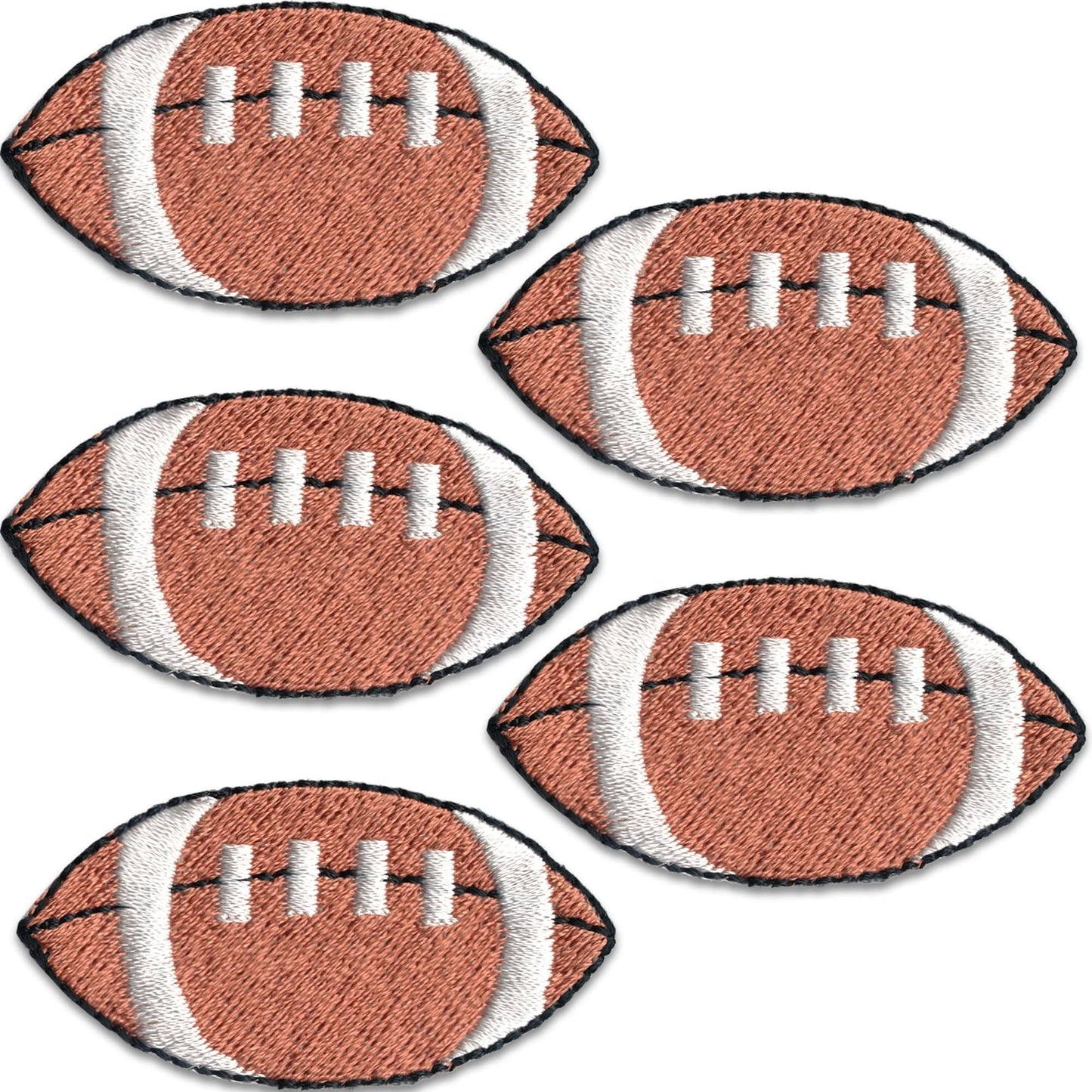 The LaughingLizards Football Patches (5-Pack) features sport embroidered iron-on appliques scattered on a white background.
