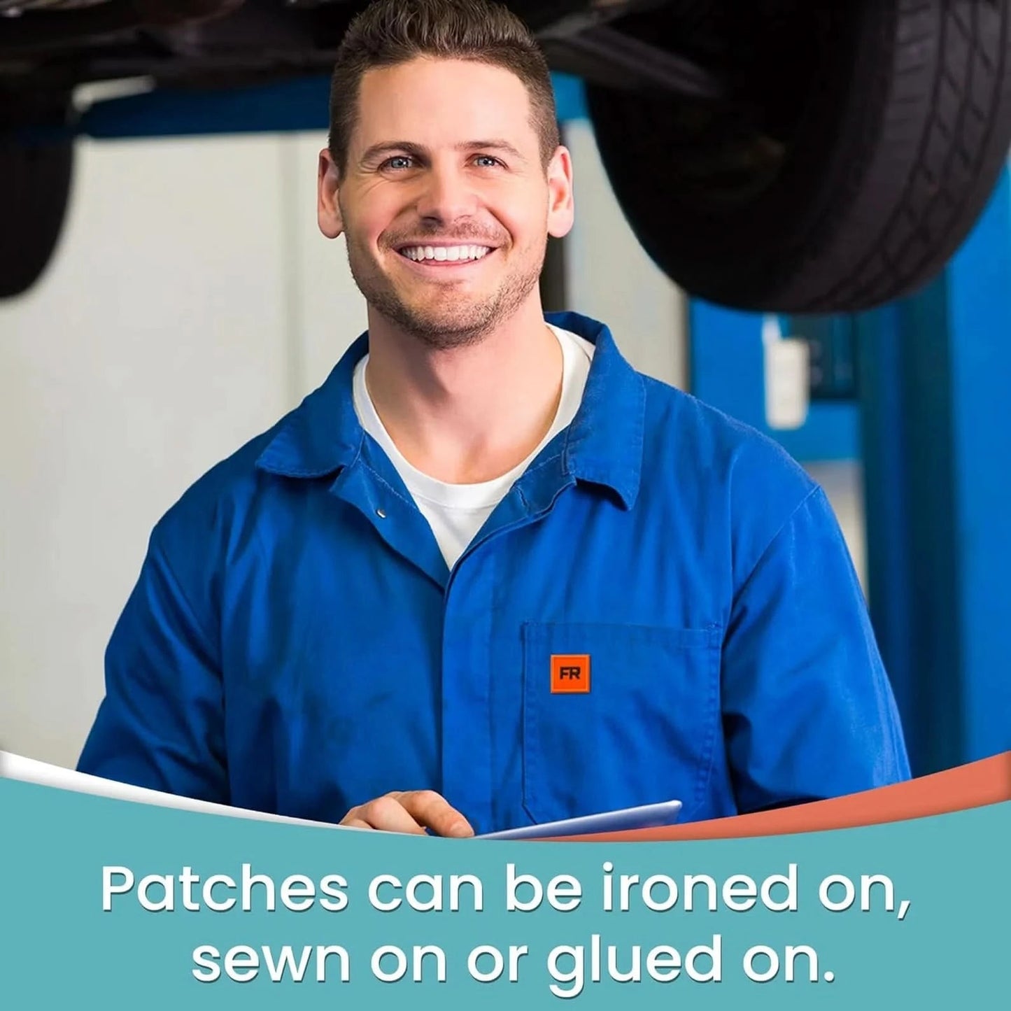 A smiling mechanic in blue coveralls stands in a workshop, holding a clipboard. Text below reads: "Laughing Lizards FR Patches for clothing iron on (10-Pack) fr replacement badge—easy to iron, sew, or glue on.