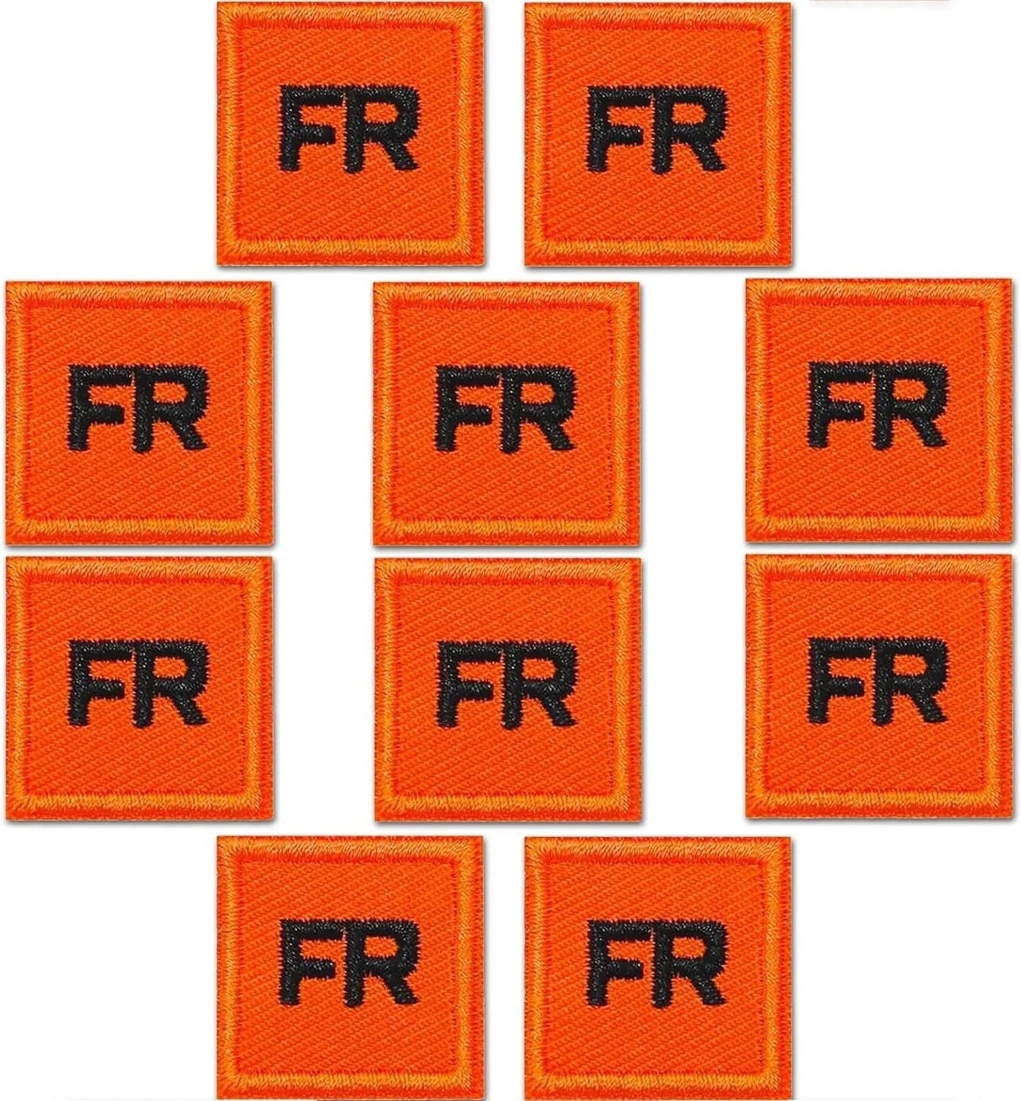 Laughing Lizards' FR Patches for clothing iron on (10-Pack) are shown in a 3x3 grid of orange patches with black "FR" letters, with three flame resistant badges in the middle column.