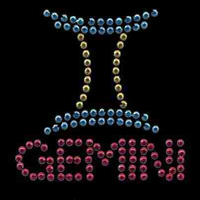 A picture of a Rhinestud Gemini Zodiac Sign Iron On Applique with rhinestones on it.