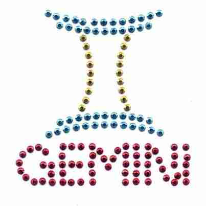 A Rhinestud Gemini Zodiac Sign Iron On Applique design with the word gemini.