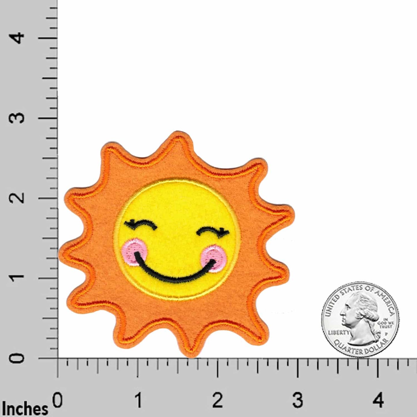 The Laughing Lizards Happy Sun (2-Pack) Embroidered Iron on Patch Applique is shown next to a U.S. quarter and a ruler with inches for size reference.