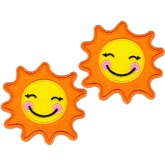 The Laughing Lizards Happy Sun (2-Pack) Embroidered Iron on Patch Applique features smiling, yellow sun faces with orange rays—perfect for your next DIY craft project.