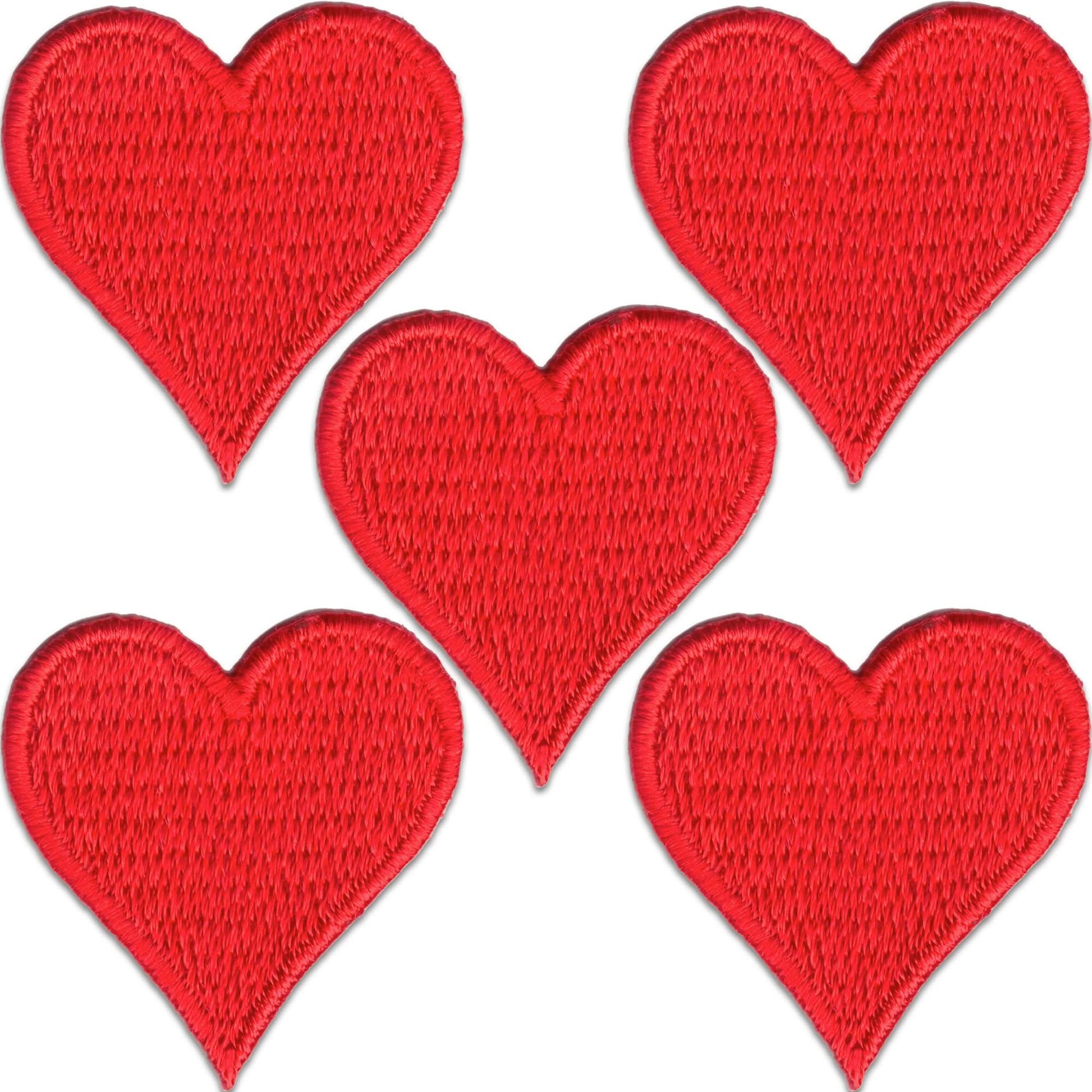 The Laughing Lizards Heart Embroidered Iron on Patch 5-Pack features red heart appliques arranged in two rows on a white background, ideal for DIY craft projects.