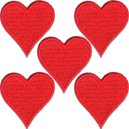 The Laughing Lizards Heart Embroidered Iron on Patch 5-Pack features red heart appliques arranged in two rows on a white background, ideal for DIY craft projects.