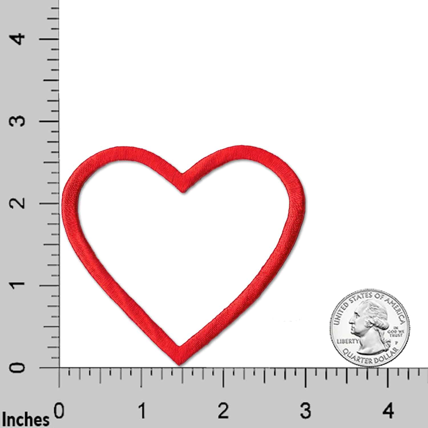 The LaughingLizards Large Red Heart Cutout (2-Pack) Iron On Patch, about 3 inches wide, is shown by a quarter and ruler for scale—ideal as a DIY craft accessory or embroidered patch for your projects.