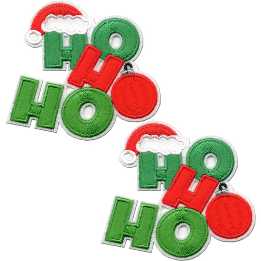 Laughing Lizards HOHOHO Patches (2-Pack) are Christmas embroidered iron-on appliques with green letters, a red ornament "O," and a Santa hat on the "H," arranged diagonally—perfect for holiday crafts.