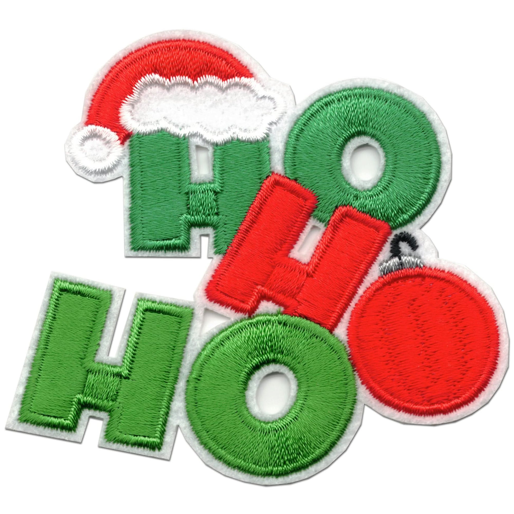 Laughing Lizards HOHOHO Patches (2-Pack) feature festive embroidered iron-on designs with "H" in a Santa hat and "O" as a red ornament—perfect for Christmas crafts, clothes, or decorations.