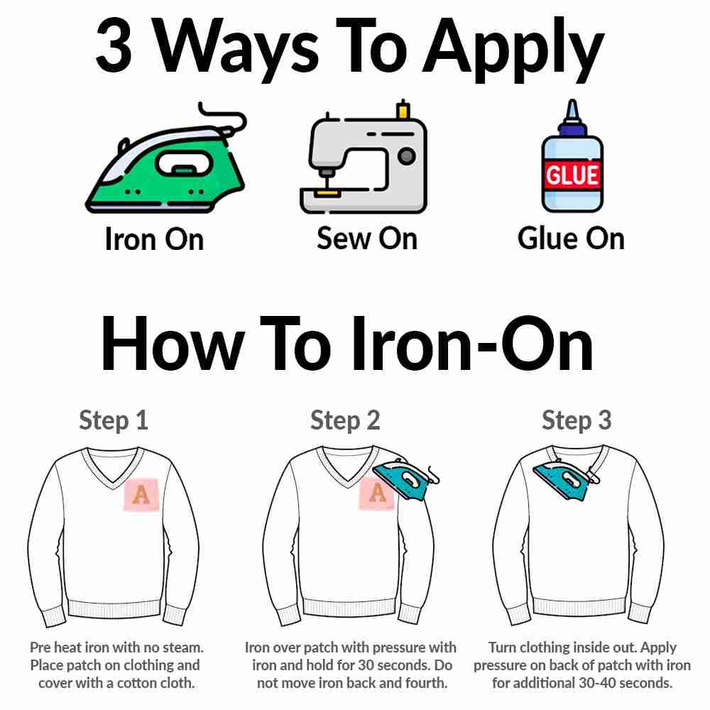 3 ways to apply Iron On Letter Patches, 2" Block Letters & Numbers to a shirt.