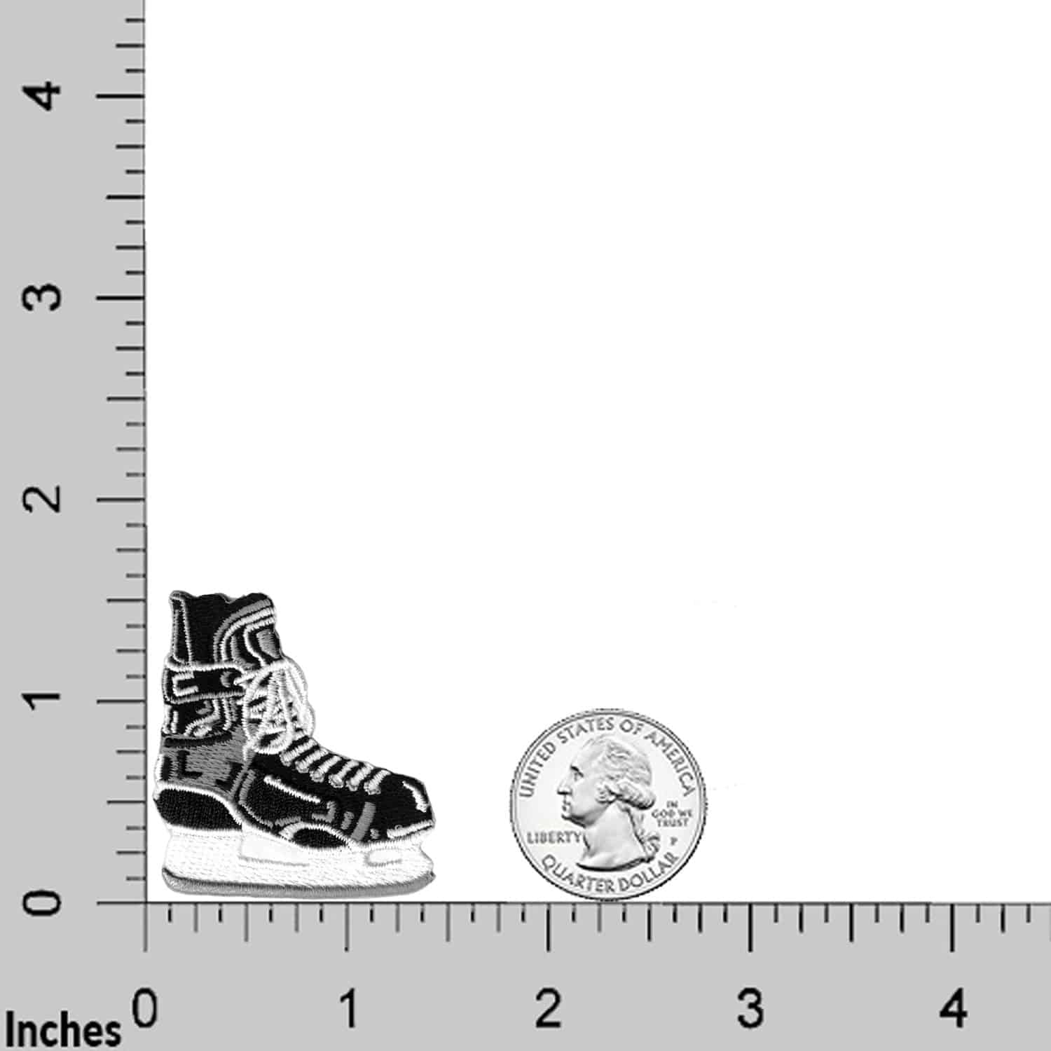 A pair of Ice Hockey Skate (4-Pack) Iron On Patch Appliques next to a ruler.