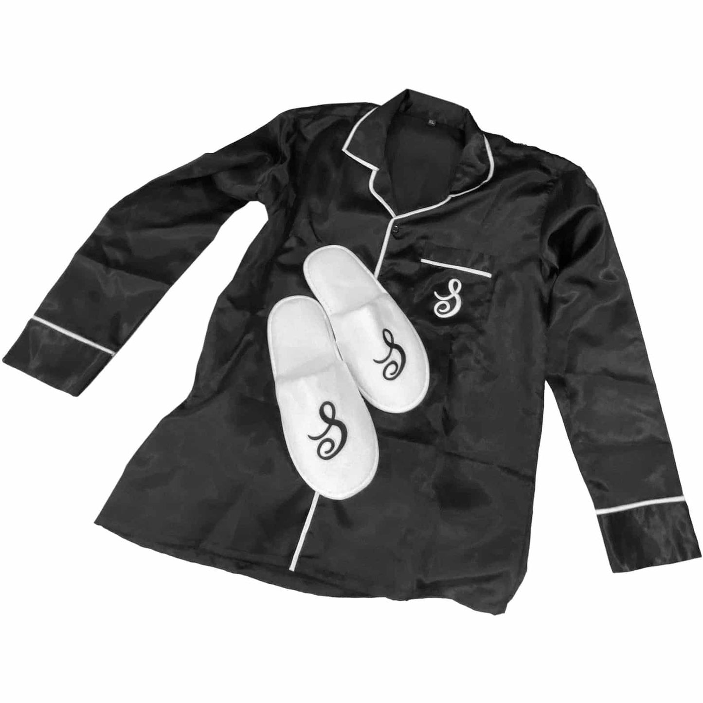 A black pajama set with a pair of Iron On Script Letter Patches, Monogram Appliques slippers.