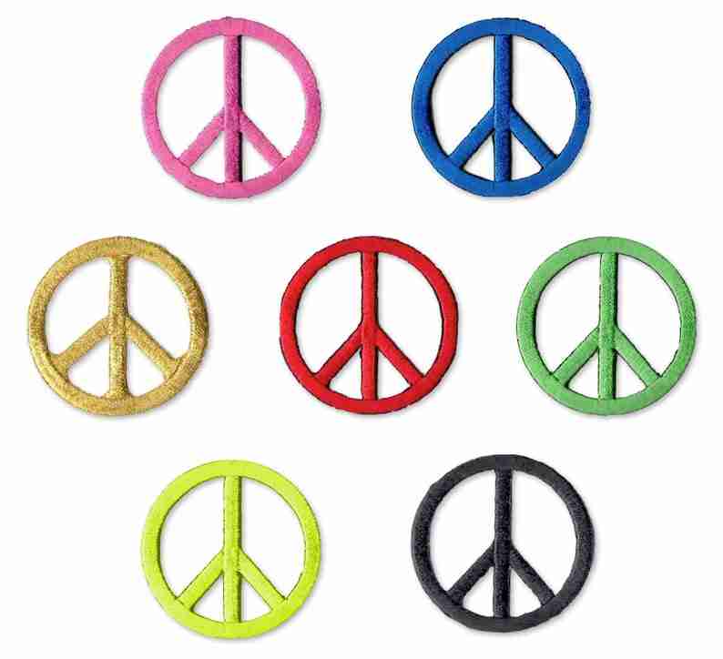 Six Peace Sign Patches (5 Pack) Symbol Embroidered Iron On Patch Appliques on a white background.