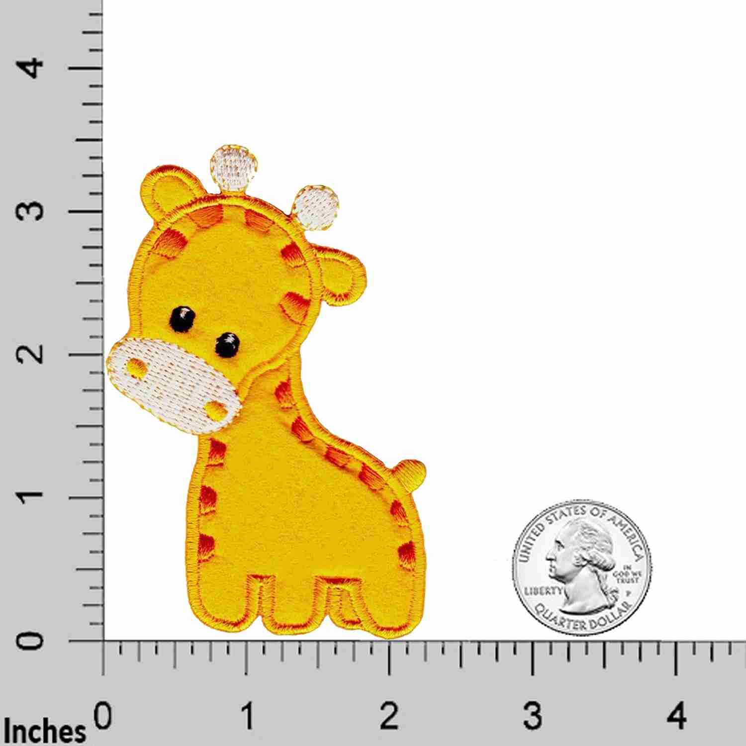 A Giraffe Patches (2 Pack) Animal Children Embroidered Iron On Patch Appliques is shown next to a ruler.