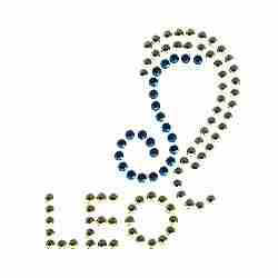 The Rhinestud Leo Zodiac Sign Iron On Applique is embroidered with blue beads.