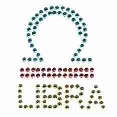 The Rhinestud Libra Zodiac Sign Iron On Applique is shown on a white background.
