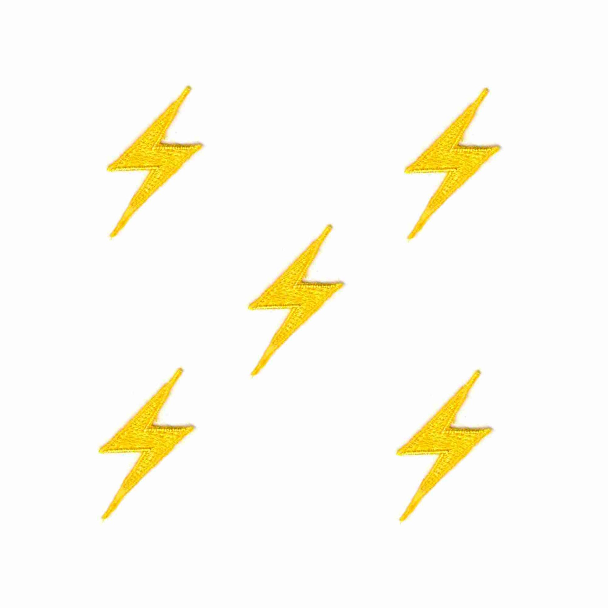 Four Lightning Bolt Patches (5-Pack) Lighting Embroidered Iron On Patch Appliques - Yellow or Black on a white background.