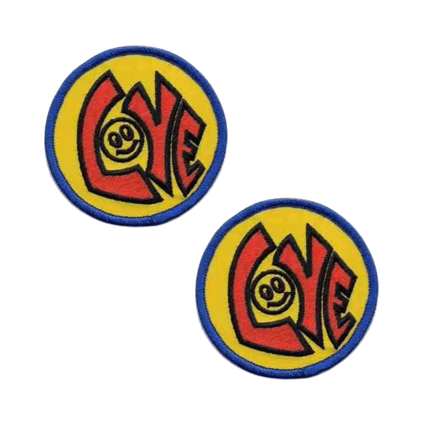 The Laughing Lizards Love with Happy Face (2-Pack) Iron On Patch features two round yellow patches with blue borders, "LOVE" in red, and a smiley face—perfect for brightening your favorite accessory.