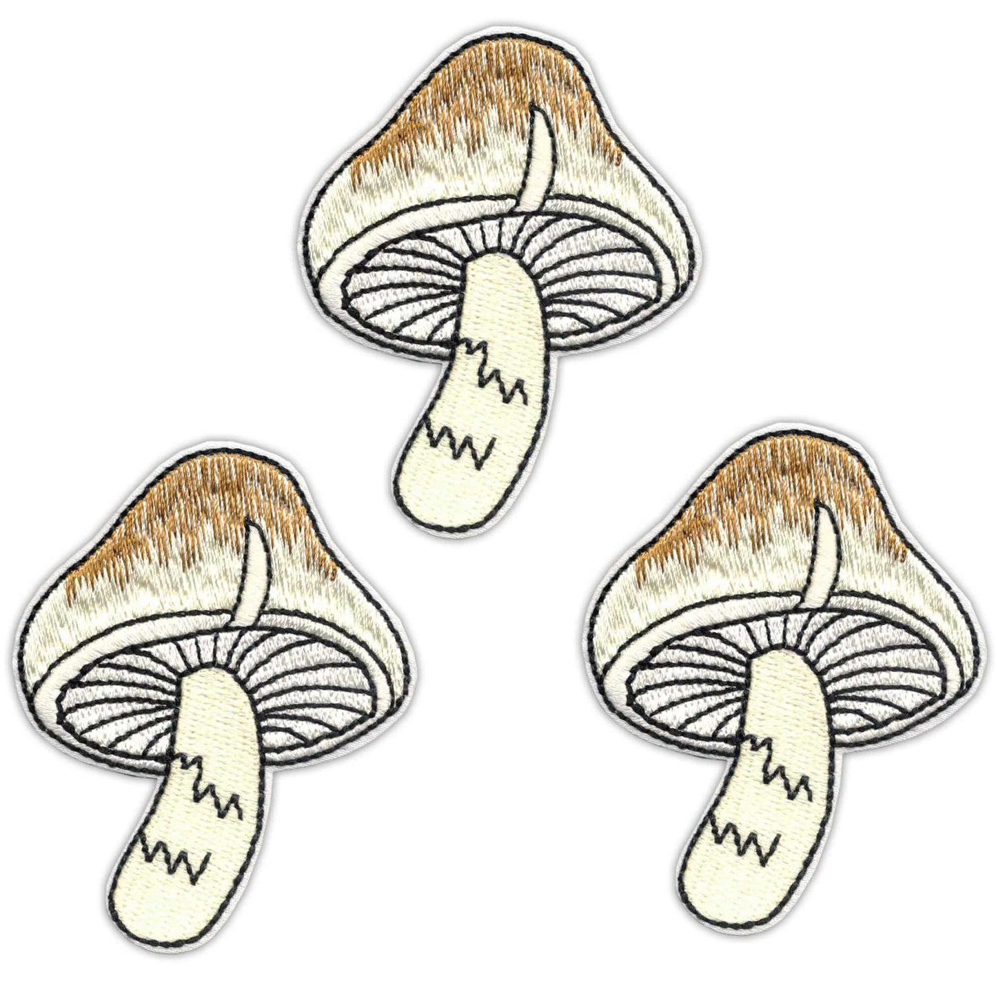 LaughingLizards Mushroom Patches (3-Pack) feature brown and white embroidered mushrooms with gills and stems—ideal iron-on appliques for DIY craft projects.