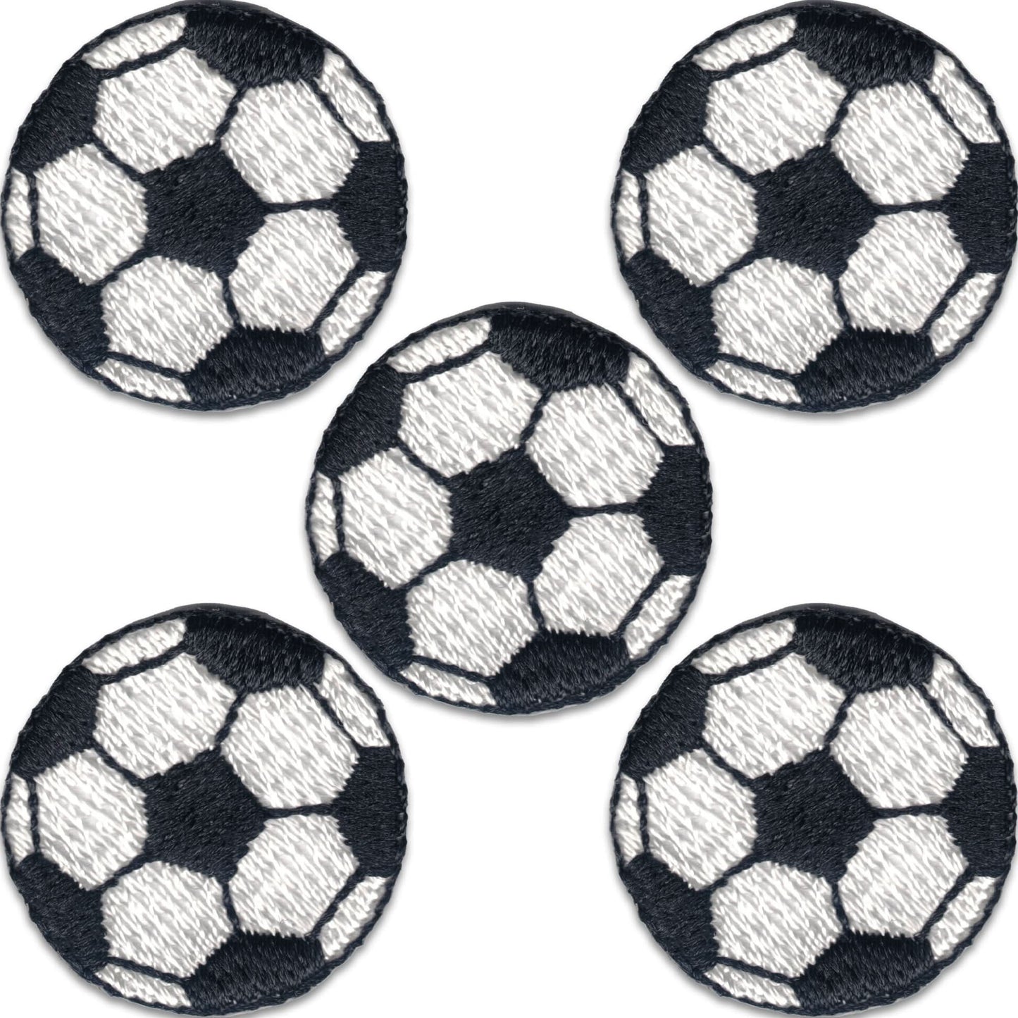 The LaughingLizards Soccer Ball Patches (5-Pack) features small, embroidered iron-on patches with a classic black-and-white design—easy to apply for sporty flair on kids’ clothes. Arranged in a circle, they’re perfect for adding fun style.