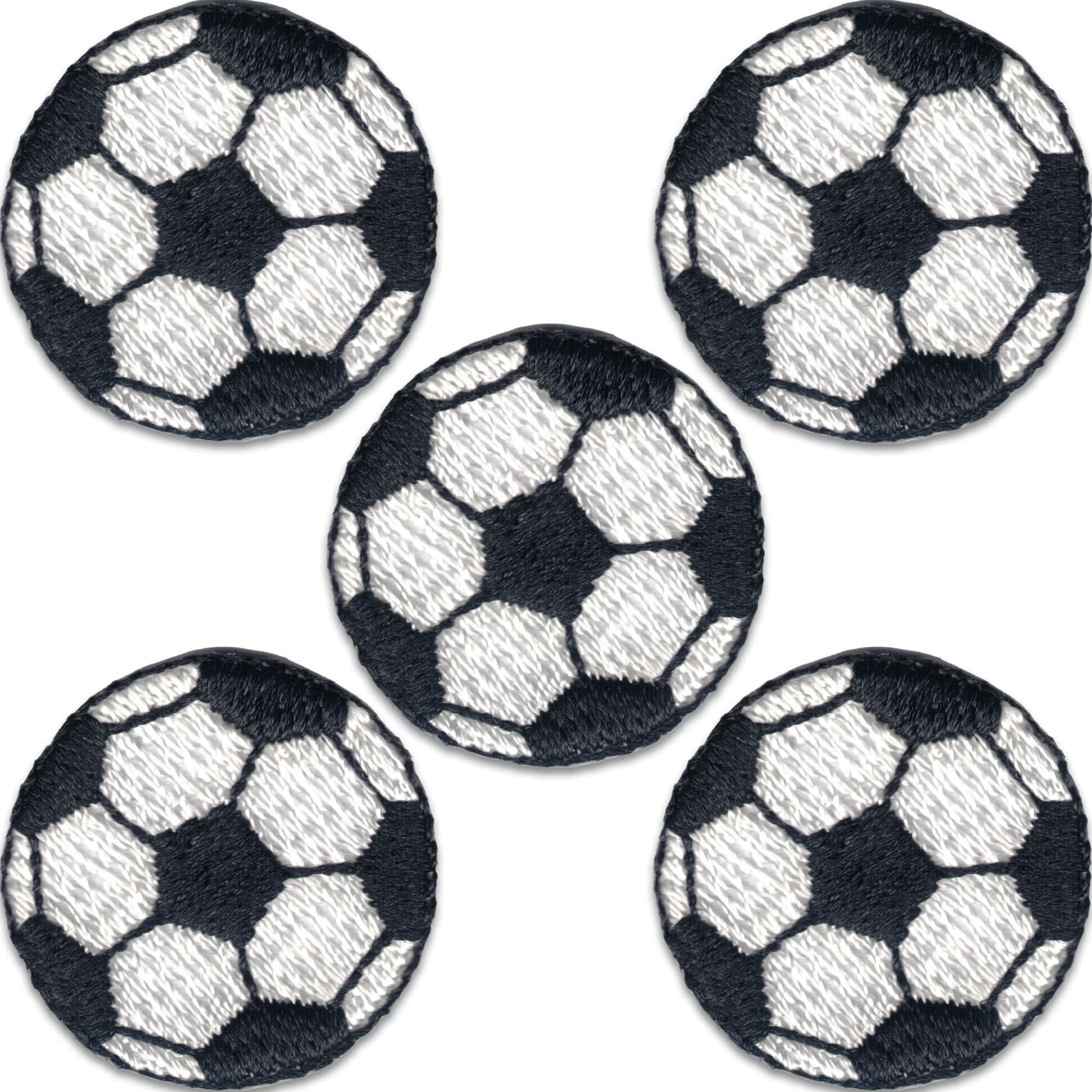 The LaughingLizards Soccer Ball Patches (5-Pack) features small, embroidered iron-on patches with a classic black-and-white design—easy to apply for sporty flair on kids’ clothes. Arranged in a circle, they’re perfect for adding fun style.