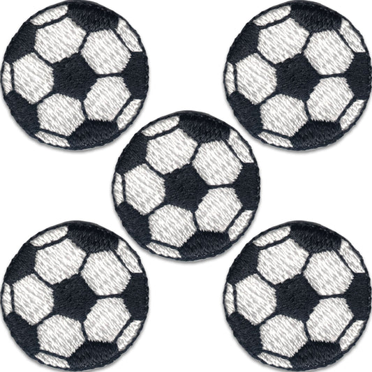 The LaughingLizards Soccer Ball Patches (5-Pack) features small, embroidered iron-on patches with a classic black-and-white design—easy to apply for sporty flair on kids’ clothes. Arranged in a circle, they’re perfect for adding fun style.