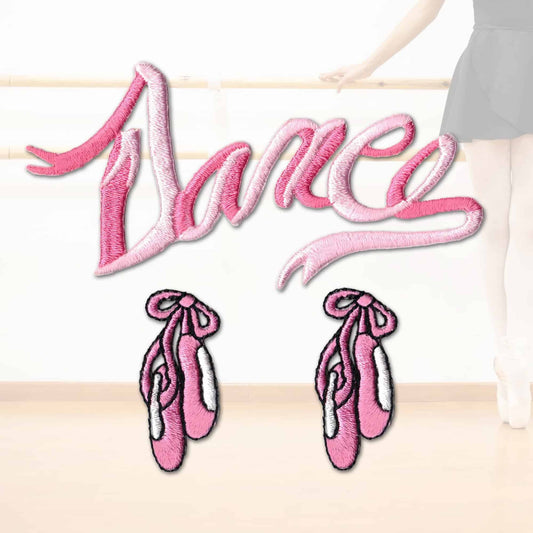A pair of Pink Ballet Dance & Slippers Iron On Patch Pack with the word dance on them.