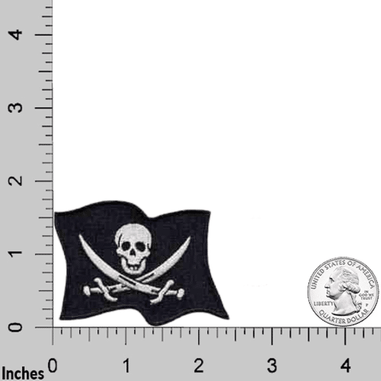 The Laughing Lizards Skull & Swords Pirate Flag Patches (2-Pack) are shown beside a US quarter and inch ruler, making these embroidered Halloween iron-on patches ideal DIY accessories for your projects.