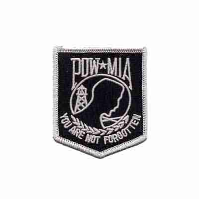A black and white POW-MIA Military Style Small Iron On Patch with the word POW-MIA on it.