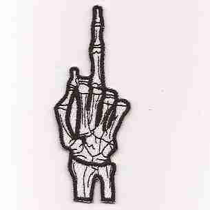 A Skeleton Middle Finger Iron on Patch embroidered on a white background.