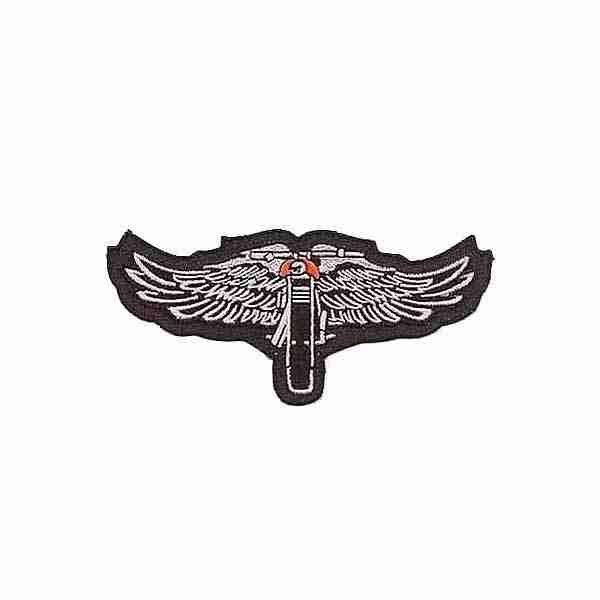 A Winged Motorcycle Iron On Patch on a white background.