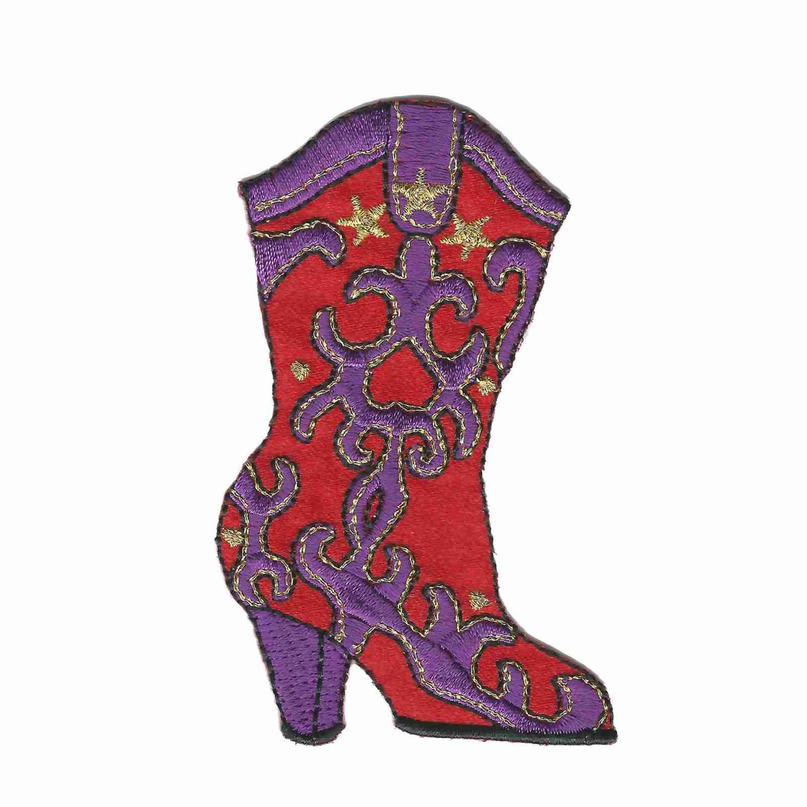 A Red Hat Lady Cowgirl Boot (2-Pack) Iron On Patch and purple cowboy boot embroidered on a white background.