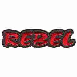 The REBEL Iron on Patch in red on a white background.